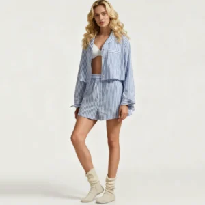 QinQin Elegant Casual Spring Summer Women's Long-sleeve Shorts Loungewear Sleepwear Pajama Sets Smooth Front Logo