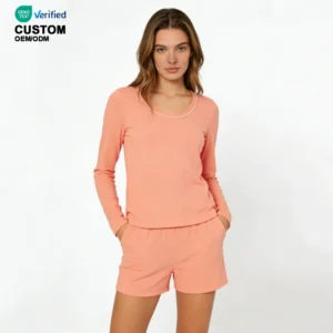 QinQin Women's Stretchy Casual Two-Piece Sleepwear Set Front Elastic Waist Breathable Ribbed Bamboo Long Sleeve Pajamas