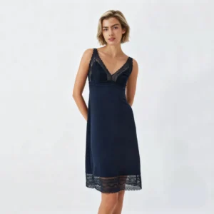 QinQin Elegant Trendy Lightweight Comfortable Women's One-piece Night Dress Pajama Lace Design Breathable Lyocell Front