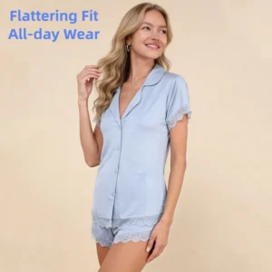 QinQin Women's Elegant Breathable Soft Loungewear Set Casual Short Pajamas Comfortable Bamboo Nightwear Lace Front Logo
