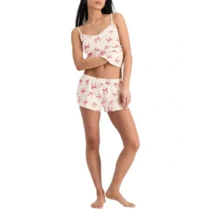 QinQin Elegant New Design Bow Detail Women's Sleeveless Top Shorts Pajama Sets Elastic Waist Front Spring Autumn Casual Soft