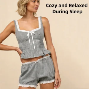 QinQin Women Two Pieces Home Wear Comfortable Bamboo Summer Sleepwear Set Women's Short Pajamas Set With Lace Loungewear Set