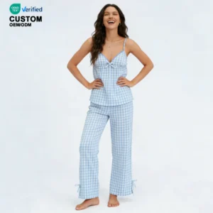 QinQin Women's Comfortable Cotton Sleepwear Set Women Loungewear Fashionable Camisole Top and Pants Pajamas Set Gingham Pyjamas