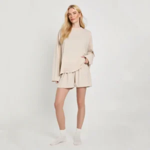 QinQin Summer Breathable High Quality Enchanting Oversized Long Sleeve and Shorts Pajama Set for Women with Elastic Waist