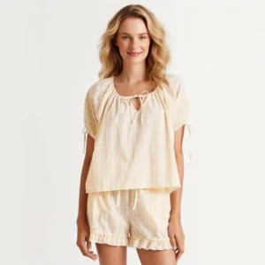 QinQin Comfortable High Quality Elegant Women's Short-sleeve Lyocell Shorts Pajamas Sets Breathable Elastic Waist Front Logo