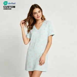 QinQin Hot Sale Women's Elegant Breathable Short Sleeve Front Logo One Piece Nightdress Bamboo Sleepwear