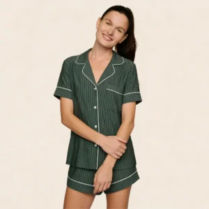 QinQin Women Elegant Casual Breathable Short Pajamas Sets Soft Modal Sleepwear Two-Piece V-neck Front Logo Summer Lounge