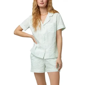 QinQin Elegant Striped Soft Cozy Breathable Lightweight Comfortable V-neck Ladies Short-sleeve Shorts Pajamas Sets Women Front