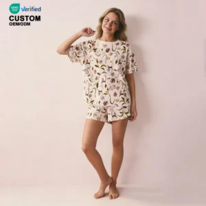 QinQin Top Sale Women's Floral Printing Short Sleeve Shorts Pajamas Set Soft Comfortable Breathable Bamboo Front Nightwear Women