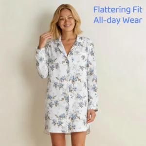 QinQin Women's Elegant Breathable Bamboo One Piece Knee Length Long Sleeve Night Dress Pajamas Loungewear