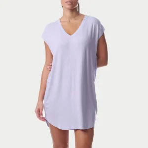 QinQin Women's V-neck Short Sleeve Lyocell Night Dress Pajamas Casual Super Soft Breathable Stretchy Cozy Front Logo