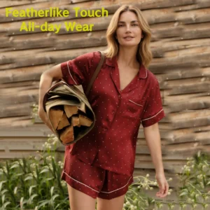 QinQin Women's Elegant Short Sleeve Pajamas Set Comfortable Bamboo Nightwear Breathable Soft Front Logo Casual Lounge Wear