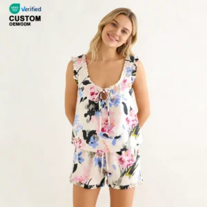 QinQin Women's Elegant Stylish Floral Printed Breathable Two-Piece Vest Shorts Pajamas Set Summer Nightwear Loungewear