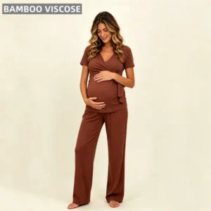 Bamboo Clothing for Women Elegant Lightweight Breathable Stretchy Wrap Front Tie Maternity/Nursing Wearing Short Sleeve Wide Leg