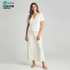 QinQin Women's Two-Piece Loungewear PJ Set V-Neck Elastic Waist Soft Comfortable Waffle Solid Breathable Pajamas Nightwear