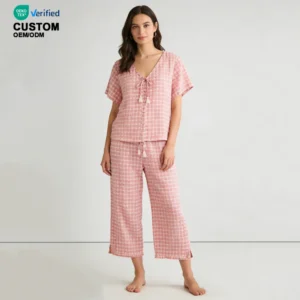 QinQin Women's Fashionable Short Sleeve and Pants Pajamas Set Casual Gingham Nightwear for Home Women Pyjamas Loungewear Set