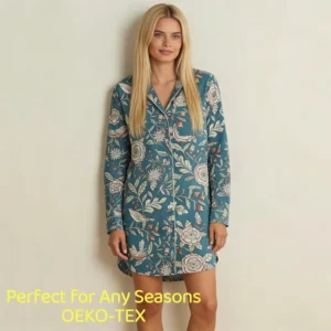 QinQin Women's Elegant V-neck Long Sleeve Bamboo Pajamas Loungewear Night Dress Breathable Custom Printed Sleepwear