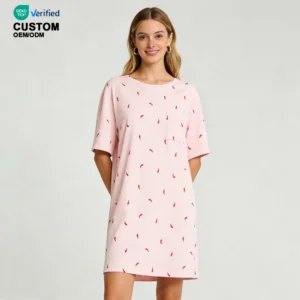 QinQin Women's Elegant Breathable Bamboo One-Piece Night Dress Custom Front Logo Printing Short Sleeve Pajamas Loungewear