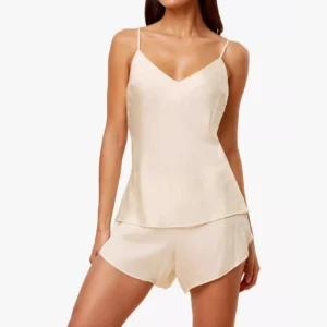 QinQin Elegant Smooth Lightweight Comfortable Women's Camisole Shorts Pajamas Sets Silk Breathable Front Elastic Waist Nightwear