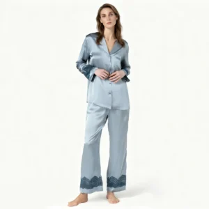 QinQin Elegant Suave Lightweight Comfortable Drawstring Women's Long-sleeve Pants Pajamas Sets Lace Design V-neck Front
