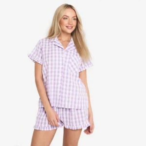 QinQin Gingham High Quality Soft Breathable Summer Autumn Elegant Front Women V-neck Short-sleeve Shorts Pajama Sets Elastic
