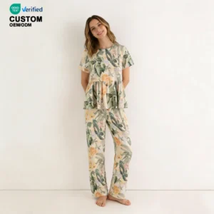 QinQin New Arrival Custom Printing Women's Two-Piece Pajamas Set Elastic Waist Breathable Elegant Peplum Loungewear Short Sleeve