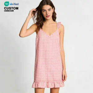 QinQin Fashionable Women's Gingham One Piece Nightgown Summer Breathable Cotton Pajama Dress Women Sleepwear Casual Chemise