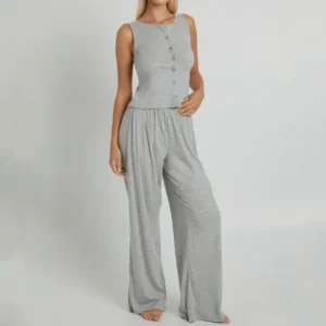 QinQin Spring Summer Elegant Fashion Casual Breathable Soft Lyocell Women's Nightwear Sleeveless Top Pants Set Elastic Waist