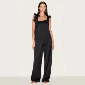 QinQin New Design High Quality Enchanting Ribbon Tie Elegant Front Camisole Pants Pajama Set for Spring Summer Ladies Nightwear