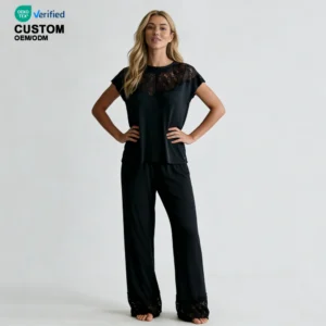 QinQin Women's Enchanting Short Sleeve and Pants Pajamas Sets With Lace Design Breathable Lightweight Nightwear Women Pyjamas