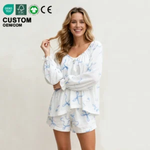 Women's Printed Pajama Set Lightweight Casual Sleepwear Breathable Summer Two Pieces Long Sleeve Loungewear Sets Bow Printing