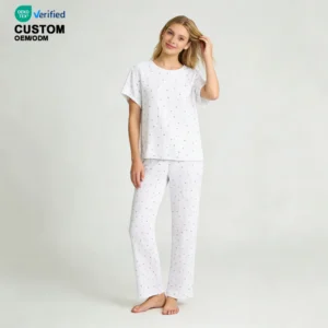 QinQin Women's Casual Floral Printing Two Pieces Pajamas Set Fashionable Short Sleeve and Pants Breathable Bamboo Sleepwear Set
