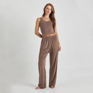 QinQin Elegant Breathable Soft Lyocell Velour Summer Autumn Spring Front Logo Vest Wide Leg Pants Pajama Set for Women