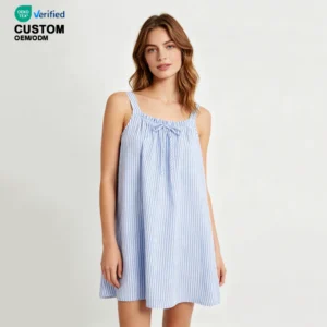 QinQin Top Sale Women's Elegant Knee One Piece Nightgown Summer Soft Breathable Night Dress Casual Seersucker Sleepwear Pajama