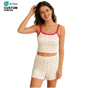 QinQin Women's Elegant Dot Print Lyocell Cami Top Shorts Pajamas Set Lace Home Summer Breathable Sleepwear Private Logo Pyjama