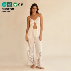 Loungewear Women Sets Custom Logo Silky Touch Sleepwear Lace Design Elastic Waist Lightweight Summer Women Pajamas Camisole Top