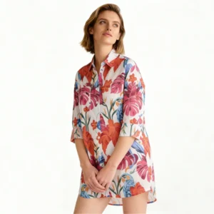 QinQin New Design Custom Printing Bright Stylish Elegant Comfortable Women's Long-sleeve Nightgown Breathable Fabric Front