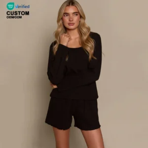 QinQin Women's Long Sleeve Shorts Pajamas Set Elastic Waist Breathable Elegant Solid Ribbed Two-Piece Loungewear Home Custom