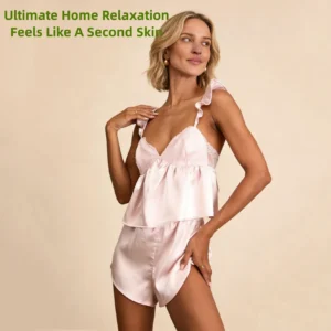 QinQin Women's Two Pieces Pajamas Set With Lace Ruffled Enchanting Short Loungewear Set Satin Summer Sleepwear Set Elastic Waist