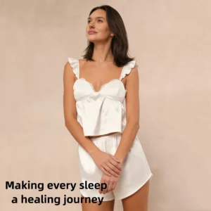 QinQin Women's Two-Piece Elegant Summer Pajamas Set Comfortable Soft Lace Ruffled Front Logo Short Sleeve