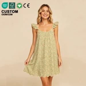 Night Dresses for Women Cotton Nightgown Women Floral Print Ruffle Strap Sleep Dress Sustainable Soft Cotton Sleepwear Nightie