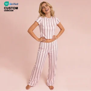 QinQin Women's Elegant Two-Piece Pajamas Set Breathable Ribbed Bamboo Nightwear Neck Short Sleeve Wide Leg Trousers Elastic