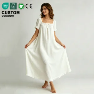 Women White Long Nightgown Lyocell Nightie French Vintage Square Neck Puff Sleeve Ruffle Cottagecore Sleep Dress Loungewear