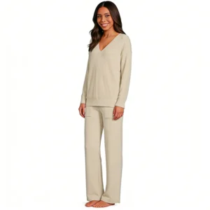QinQin Cozy Soft Chic Elegant Stretchy Casual V-neck Women's Long-sleeve Pants Pajamas Sets Front Elastic Waist Breathable