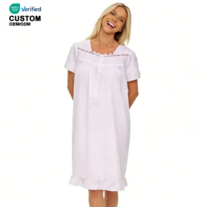 QinQin Top Sale Women's Short Sleeve Nightgown With Lace Design Cotton Breathable Night Dress for Home Women Casual Loungewear