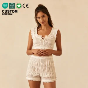 Luxury Women's Pajamas Set Ruched Ruffle Crop Top and Smocked Shorts Lounge Set Sexy Cottagecore Sleepwear Private Label