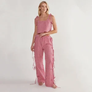 QinQin Cozy Elegant Front Logo Summer Soft Breathable Lightweight Comfortable Ribbon Tie Camisole and Pants Pajama Set for Women