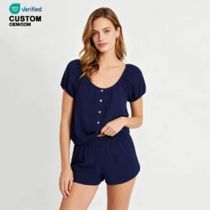 QinQin Wholesale Women's Elegant Casual Two-Piece Summer Breathable Lyocell Seersucker Pajamas Sets Nightwear Home Wearing