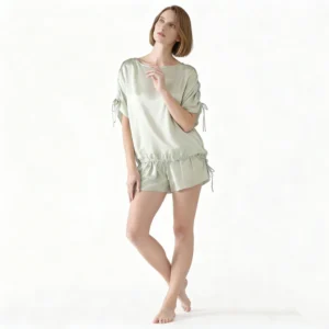 QinQin Elegant Enchanting Smooth Lightweight Breathable Lyocell Women's Short-sleeve Shorts Pajamas Sets Tie Details for Home