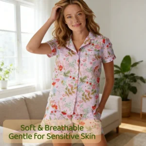 QinQin Custom Printed Two-Piece Women's Short Sleeve Elegant Pajama Set Breathable Bamboo Fabric Summer Home Wear Soft